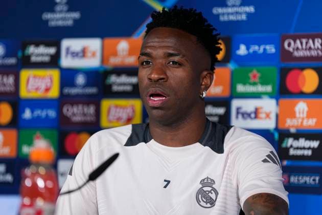 March 3, 2025, Valdebebas, Madrid, SPAIN: Vinicius Junior attends his press conference, PK, Pressekonferenz ahead of the UEFA Champions League, football match against Atletico de Madrid, at Ciudad Deportiva Real Madrid on March 03, 2025, in Madrid, Spain. Valdebebas SPAIN - ZUMAa181 20250303_zaa_a181_122 Copyright: xOscarxJ.xBarrosox