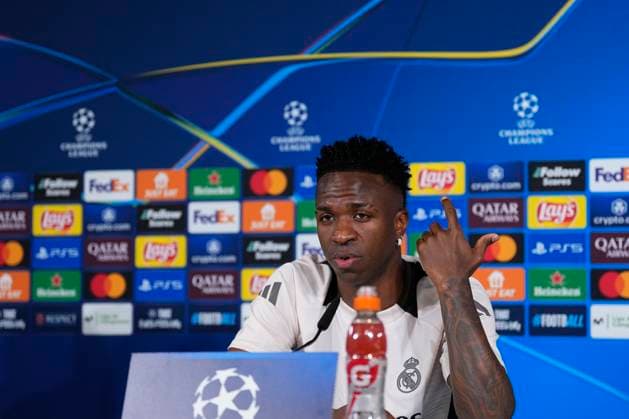 March 3, 2025, Valdebebas, Madrid, SPAIN: Vinicius Junior attends his press conference, PK, Pressekonferenz ahead of the UEFA Champions League, football match against Atletico de Madrid, at Ciudad Deportiva Real Madrid on March 03, 2025, in Madrid, Spain. Valdebebas SPAIN - ZUMAa181 20250303_zaa_a181_134 Copyright: xOscarxJ.xBarrosox