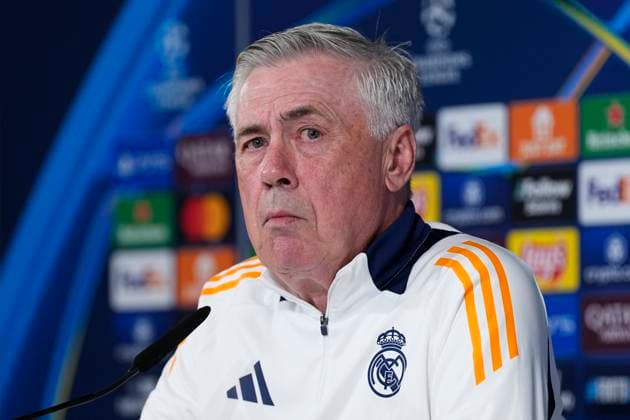 March 3, 2025, Valdebebas, Madrid, SPAIN: Carlo Ancelotti, head coach of Real Madrid, attends his press conference, PK, Pressekonferenz ahead of the UEFA Champions League, football match against Atletico de Madrid, at Ciudad Deportiva Real Madrid on March 03, 2025, in Madrid, Spain. Valdebebas SPAIN - ZUMAa181 20250303_zaa_a181_143 Copyright: xOscarxJ.xBarrosox
