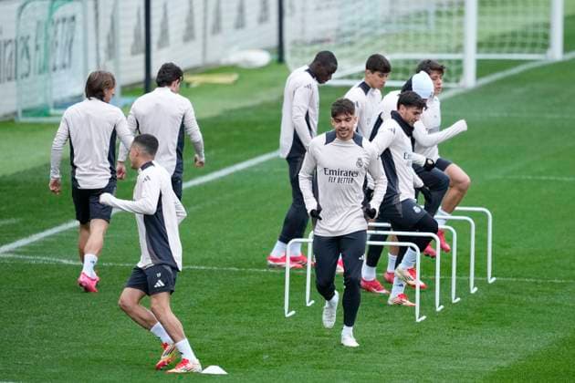 March 3, 2025, Valdebebas, Madrid, SPAIN: Raul Asencio during the training day ahead of the UEFA Champions League, football match against Atletico de Madrid, at Ciudad Deportiva Real Madrid on March 03, 2025, in Madrid, Spain. Valdebebas SPAIN - ZUMAa181 20250303_zaa_a181_150 Copyright: xOscarxJ.xBarrosox