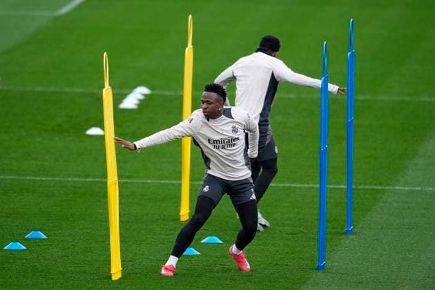 March 3, 2025, Valdebebas, Madrid, SPAIN: Vinicius Junior during the training day ahead of the UEFA Champions League, football match against Atletico de Madrid, at Ciudad Deportiva Real Madrid on March 03, 2025, in Madrid, Spain. Valdebebas SPAIN - ZUMAa181 20250303_zaa_a181_159 Copyright: xOscarxJ.xBarrosox