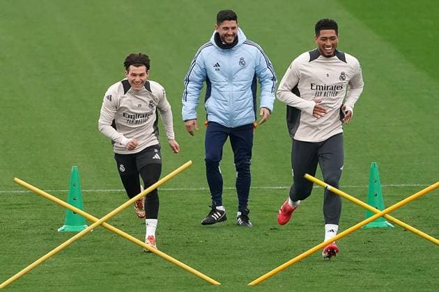 REAL MADRID CF v ATLETICO DE MADRID. CHAMPIONS LEAGUE 2024 2025. ROUND OF 16. 1ST LEG. Real Madrid CF s Fran Garcia (l) and Jude Bellingham during the training session prior to the first leg of the Champions League Round of 16 against Atletico de Madrid. March 3, 2025. (ALTERPHOTOS Acero) MadridSpain  Copyright: xAcerox