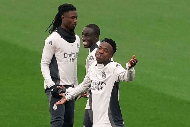 REAL MADRID CF v ATLETICO DE MADRID. CHAMPIONS LEAGUE 2024 2025. ROUND OF 16. 1ST LEG. Real Madrid CF s Eduardo Camavinga, Ferland Mendy and Vinicius Junior during the training session prior to the first leg of the Champions League Round of 16 against Atletico de Madrid. March 3, 2025. (ALTERPHOTOS Acero) MadridSpain  Copyright: xAcerox