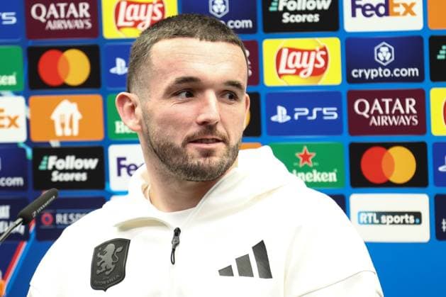 Aston Villa s John McGinn pictured during a press conference, PK, Pressekonferenz of English club Aston Villa, Monday 03 March 2025 in Brugge. Tomorrow, they will play against Belgian soccer Club Brugge KV, on the first leg of the 1 8 finals of the UEFA Champions League knockout phase. BRUNOxFAHY  x114178919x