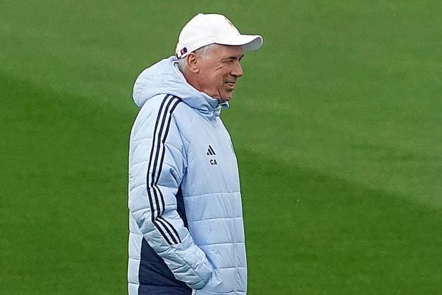 Real Madrid CF s coach Carlo Ancelotti during the training session prior to the first leg of the Champions League Round of 16 against Atletico de Madrid. March 3, 2025. (2025030366)