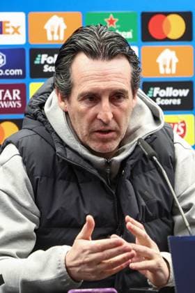Aston Villa s head coach Unai Emery pictured during a press conference, PK, Pressekonferenz of English club Aston Villa, Monday 03 March 2025 in Brugge. Tomorrow, they will play against Belgian soccer Club Brugge KV, on the first leg of the 1 8 finals of the UEFA Champions League knockout phase. BRUNOxFAHY  x114179427x