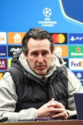 Aston Villa s head coach Unai Emery pictured during a press conference, PK, Pressekonferenz of English club Aston Villa, Monday 03 March 2025 in Brugge. Tomorrow, they will play against Belgian soccer Club Brugge KV, on the first leg of the 1 8 finals of the UEFA Champions League knockout phase. BRUNOxFAHY  x114179562x