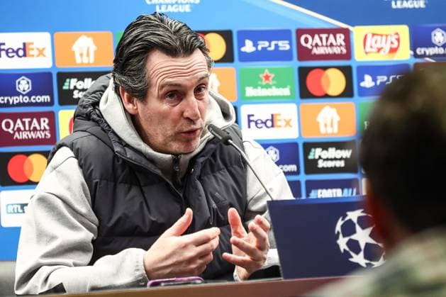 Aston Villa s head coach Unai Emery pictured during a press conference, PK, Pressekonferenz of English club Aston Villa, Monday 03 March 2025 in Brugge. Tomorrow, they will play against Belgian soccer Club Brugge KV, on the first leg of the 1 8 finals of the UEFA Champions League knockout phase. BRUNOxFAHY  x114179569x