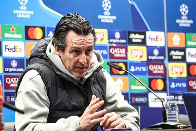 Aston Villa s head coach Unai Emery pictured during a press conference, PK, Pressekonferenz of English club Aston Villa, Monday 03 March 2025 in Brugge. Tomorrow, they will play against Belgian soccer Club Brugge KV, on the first leg of the 1 8 finals of the UEFA Champions League knockout phase. BRUNOxFAHY  x114179594x