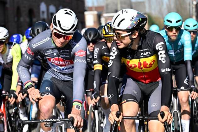 Samyn Classic 2025 DOUR, BELGIUM - MARCH 04 : Van Der Poel Mathieu (NED) of Alpecin - Deceuninck and De Lie Arnaud (BEL) of Lotto pictured during the 57th edition of the Samyn cycling race, with start in Quaregnon and finish in Dour after 199km of racing on March 4, 2025 in Dour, Belgium, 04 03 2025 Dour Belgium  Copyright: xJanxDexMeuleneirx