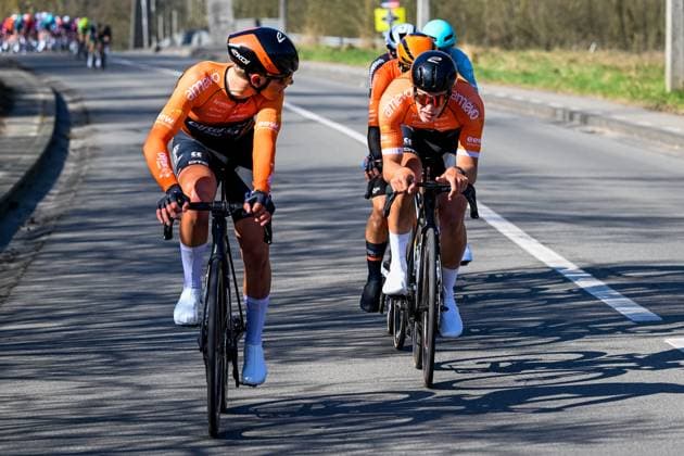 Dutch Guillaume Visser of Diftar Continental Cycling Team and Dutch Marvin Peters of Diftar Continental Cycling Team pictured in action during the Ename Samyn Classic one day cycling race, 199,1km from Quaregnon to Dour on Tuesday 04 March 2025. TOM GOYVAERTS TomxGoyvaerts  x114213726x