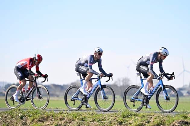 Samyn Classic 2025 DOUR, BELGIUM - MARCH 04 : Belmans Lennert (BEL) of Alpecin - Deceuninck, Dehairs Simon (BEL) of Alpecin - Deceuninck, Beullens Cedric (BEL) of Lotto pictured during the 57th edition of the Samyn cycling race, with start in Quaregnon and finish in Dour after 199km of racing on March 4, 2025 in Dour, Belgium, 04 03 2025 Dour Belgium  Copyright: xJanxDexMeuleneirx