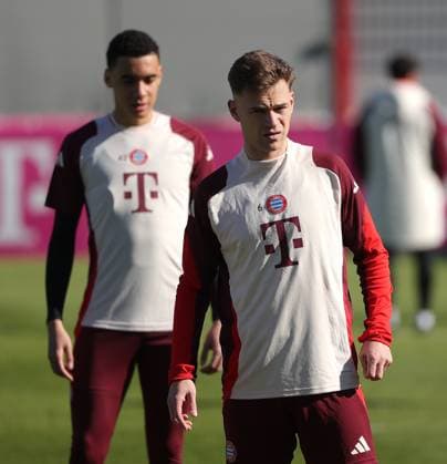04 03 2025, Champions League, FC Bayern Muenchen final training, Football, Sport, in the picture Jamal Musiala FC Bayern Muenchen and Joshua Kimmich FC Bayern Muenchen