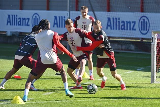 Joshua KIMMICH Bayern Muenchen , action,duel against Konrad LAIMER Bayern Muenchen final training on 04 03 2025 Soccer Champions League Round of 16 FC Bayern Muenchen Bayer 04 Leverkusen on 05 03 2025 , A L L I A N Z A R E N A