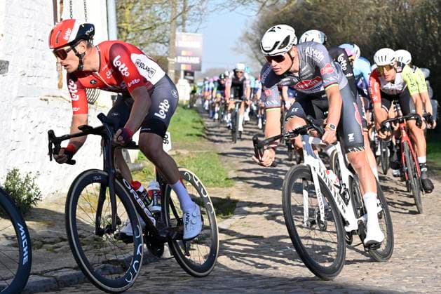 Samyn Classic 2025 DOUR, BELGIUM - MARCH 04 : Van Moer Brent (BEL) of Lotto, Van Der Poel Mathieu (NED) of Alpecin - Deceuninck pictured during the 57th edition of the Samyn cycling race, with start in Quaregnon and finish in Dour after 199km of racing on March 4, 2025 in Dour, Belgium, 04 03 2025 Dour Belgium  Copyright: xJanxDexMeuleneirx