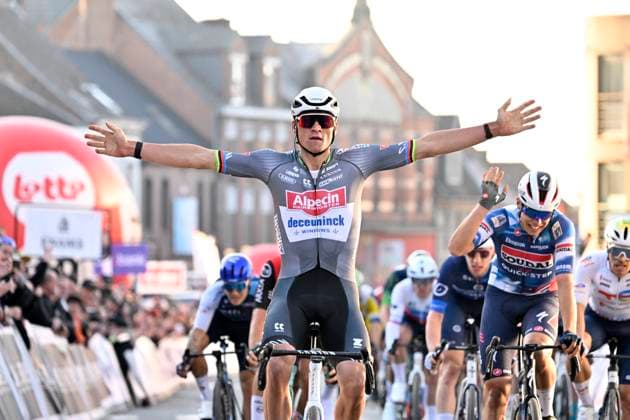 Samyn Classic 2025 DOUR, BELGIUM - MARCH 04 : Van Der Poel Mathieu (NED) of Alpecin - Deceuninck wins , Magnier Paul (BEL) of Soudal Quick-Step pictured during the 57th edition of the Samyn cycling race, with start in Quaregnon and finish in Dour after 199km of racing on March 4, 2025 in Dour, Belgium, 04 03 2025 Dour Belgium  Copyright: xJanxDexMeuleneirx