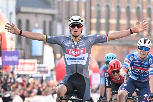 Samyn Classic 2025 DOUR, BELGIUM - MARCH 04 : Van Der Poel Mathieu (NED) of Alpecin - Deceuninck wins , Magnier Paul (BEL) of Soudal Quick-Step pictured during the 57th edition of the Samyn cycling race, with start in Quaregnon and finish in Dour after 199km of racing on March 4, 2025 in Dour, Belgium, 04 03 2025 Dour Belgium  Copyright: xJanxDexMeuleneirx