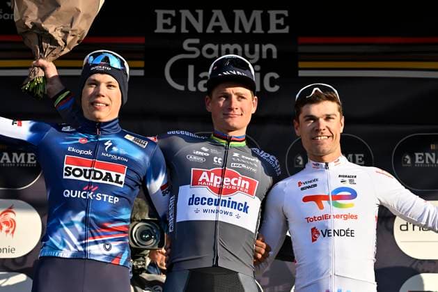 Samyn Classic 2025 DOUR, BELGIUM - MARCH 04 : Magnier Paul (BEL) of Soudal Quick-Step, Van Der Poel Mathieu (NED) of Alpecin - Deceuninck and Jeanniere Emilien (FRA) of Team TotalEnergies pictured during the podium ceremony of the 57th edition of the Samyn cycling race, with start in Quaregnon and finish in Dour after 199km of racing on March 4, 2025 in Dour, Belgium, 04 03 2025 Dour Belgium  Copyright: xJanxDexMeuleneirx
