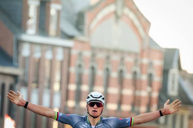 Dutch Mathieu van der Poel of Alpecin-Deceuninck celebrates as he crosses the finish line to win the Ename Samyn Classic one day cycling race, 199,1km from Quaregnon to Dour on Tuesday 04 March 2025. VIRGINIExLEFOUR  x114223250x