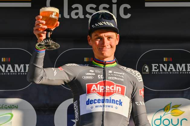 Samyn Classic 2025 DOUR, BELGIUM - MARCH 04 : Van Der Poel Mathieu (NED) of Alpecin - Deceuninck celebrate the win with a beer pictured during the 57th edition of the Samyn cycling race, with start in Quaregnon and finish in Dour after 199km of racing on March 4, 2025 in Dour, Belgium, 04 03 2025 Dour Belgium  Copyright: xJanxDexMeuleneirx