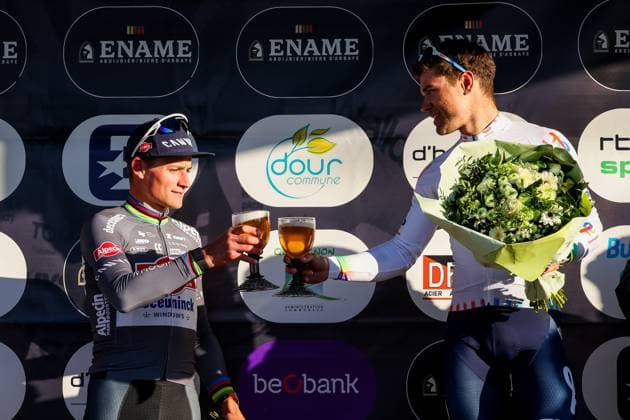 French Paul Magnier of Soudal Quick-Step, Dutch Mathieu van der Poel of Alpecin-Deceuninck and French Emilien Jeanniere of TotalEnergies pictured on the podium after the Ename Samyn Classic one day cycling race, 199,1km from Quaregnon to Dour on Tuesday 04 March 2025. VIRGINIExLEFOUR  x114223632x