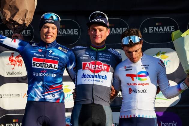 French Paul Magnier of Soudal Quick-Step, Dutch Mathieu van der Poel of Alpecin-Deceuninck and French Emilien Jeanniere of TotalEnergies pictured on the podium after the Ename Samyn Classic one day cycling race, 199,1km from Quaregnon to Dour on Tuesday 04 March 2025. VIRGINIExLEFOUR  x114223806x