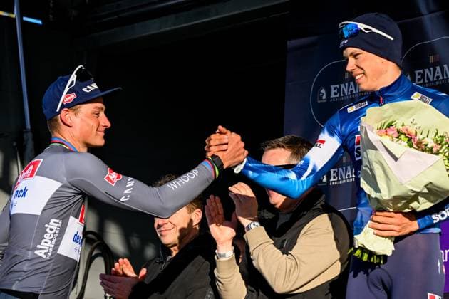 Dutch Mathieu van der Poel of Alpecin-Deceuninck and French Paul Magnier of Soudal Quick-Step pictured on the podium after the Ename Samyn Classic one day cycling race, 199,1km from Quaregnon to Dour on Tuesday 04 March 2025. TOM GOYVAERTS TomxGoyvaerts  x114223996x