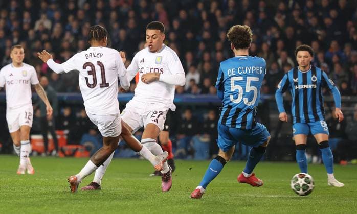 Brugge, Belgium, 4th March 2025. Leon Bailey of Aston Villa scores the opening goal during the UEFA Champions League match Club Brugge vs Aston Villa at Jan Breydel Stadium, Brugge. Picture credit should read: Paul Terry Sportimage EDITORIAL USE ONLY. No use with unauthorised audio, video, data, fixture lists, club league logos or live services. Online in-match use limited to 120 images, no video emulation. No use in betting, games or single club league player publications. SPI_016_PT_Brugge_Aston_Villa SPI-3725-0011