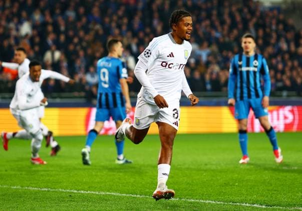 Leon Bailey of Aston Villa celebrates scoring a goal after making the score 0-1. Club Brugge v Aston Villa, UEFA Champions League, Round of 16, First Leg, Football, Jan Breydel Stadium, Brugge, Belgium - 04 Mar 2025 EDITORIAL USE ONLY No use with unauthorised audio, video, data, fixture lists, club league logos or live services. Online in-match use limited to 120 images, no video emulation. No use in betting, games or single club league player publications. Copyright: xJamesxMarsh Shutterstockx 15176976as