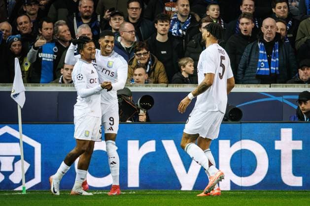 Aston Villa s Leon Bailey celebrates after scoring during a soccer game between Belgian Club Brugge KV and English Aston Villa FC, Tuesday 04 March 2025 in Brugge, the first leg of the 1 8 finals of the UEFA Champions League knockout phase. KURTxDESPLENTER  x114227187x