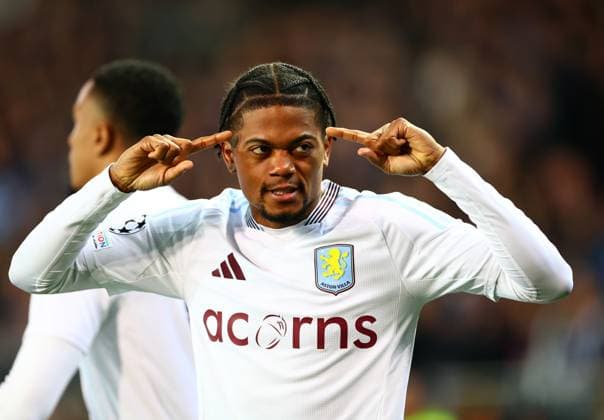 Leon Bailey of Aston Villa celebrates scoring a goal after making the score 0-1. Club Brugge v Aston Villa, UEFA Champions League, Round of 16, First Leg, Football, Jan Breydel Stadium, Brugge, Belgium - 04 Mar 2025 EDITORIAL USE ONLY No use with unauthorised audio, video, data, fixture lists, club league logos or live services. Online in-match use limited to 120 images, no video emulation. No use in betting, games or single club league player publications. Copyright: xJamesxMarsh Shutterstockx 15176976au