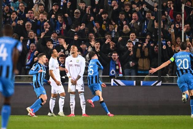 Club Brugge v Aston Villa - UEFA Champions League BRUGGE, BELGIUM - MARCH 04 : De Cuyper Maxim midfielder of Club Brugge celebrating scoring a goal with his team mates during the UEFA Champions League 2024 25 round of 16 match first round between Club Brugge and Aston Villa on March 4, 2025 in Brugge, Belgium, 04 03 2025 Brugge Belgium  Copyright: xTomasxSiskx