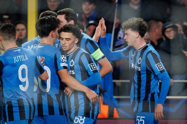 Club s Maxim De Cuyper celebrates after scoring during a soccer game between Belgian Club Brugge KV and English Aston Villa FC, Tuesday 04 March 2025 in Brugge, the first leg of the 1 8 finals of the UEFA Champions League knockout phase. KURTxDESPLENTER  x114227411x