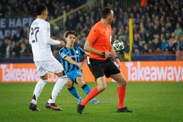 Aston Villa s Morgan Rogers and Club s Ardon Jashari fight for the ball during a soccer game between Belgian Club Brugge KV and English Aston Villa FC, Tuesday 04 March 2025 in Brugge, the first leg of the 1 8 finals of the UEFA Champions League knockout phase. KURTxDESPLENTER  x114227899x