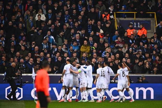Club Brugge v Aston Villa - UEFA Champions League BRUGGE, BELGIUM - MARCH 04 : Players of Aston Villa celebrating scoring a goal during the UEFA Champions League 2024 25 round of 16 match first round between Club Brugge and Aston Villa on March 4, 2025 in Brugge, Belgium, 04 03 2025 Brugge Belgium  Copyright: xGvgx
