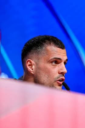 Granit Xhaka Bayer 04 Leverkusen, 34 at the press conference, GER, International press conference, Bayer 04 Leverkusen, Football, UEFA Champions League, Round of 16 first leg, 2024 2025 season, 04 03 2025, GER, International press conference, Bayer 04 Leverkusen, Football, UEFA Champions League, Round of 16 first leg, 2024 2025 season, 04 03 2025 Muenchen Copyright: xEibner-Pressefoto JennixMaulx EP_JML