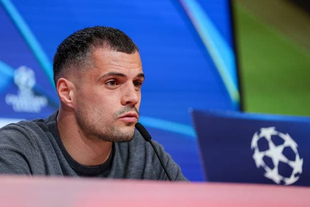 Granit Xhaka Bayer 04 Leverkusen, 34 at the press conference, GER, International press conference, Bayer 04 Leverkusen, Football, UEFA Champions League, Round of 16 first leg, 2024 2025 season, 04 03 2025, GER, International press conference, Bayer 04 Leverkusen, Football, UEFA Champions League, Round of 16 first leg, 2024 2025 season, 04 03 2025 Muenchen Copyright: xEibner-Pressefoto JennixMaulx EP_JML