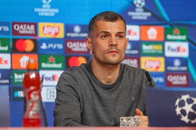 Granit Xhaka Bayer 04 Leverkusen, 34 at the press conference, GER, International press conference, Bayer 04 Leverkusen, Football, UEFA Champions League, Round of 16 first leg, 2024 2025 season, 04 03 2025, GER, International press conference, Bayer 04 Leverkusen, Football, UEFA Champions League, Round of 16 first leg, 2024 2025 season, 04 03 2025 Muenchen Copyright: xEibner-Pressefoto JennixMaulx EP_JML