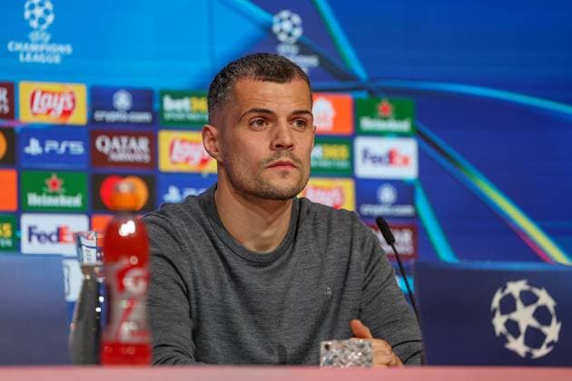 Granit Xhaka Bayer 04 Leverkusen, 34 at the press conference, GER, International press conference, Bayer 04 Leverkusen, Football, UEFA Champions League, Round of 16 first leg, 2024 2025 season, 04 03 2025, GER, International press conference, Bayer 04 Leverkusen, Football, UEFA Champions League, Round of 16 first leg, 2024 2025 season, 04 03 2025 Muenchen Copyright: xEibner-Pressefoto JennixMaulx EP_JML