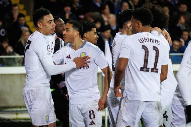 Aston Villa s players celebrate after scoring during a soccer game between Belgian Club Brugge KV and English Aston Villa FC, Tuesday 04 March 2025 in Brugge, the first leg of the 1 8 finals of the UEFA Champions League knockout phase. KURTxDESPLENTER  x114231017x