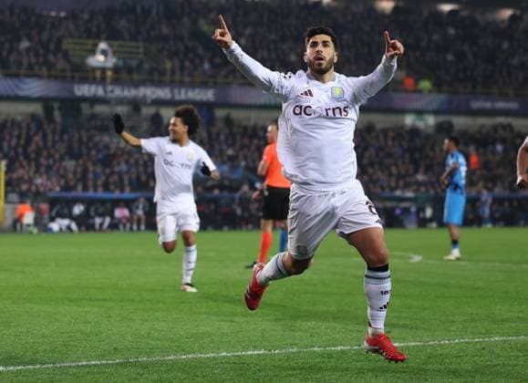 Brugge, Belgium, 4th March 2025. Marco Asensio of Aston Villa celebrates after scoring to make it 3-1 during the UEFA Champions League match Club Brugge vs Aston Villa at Jan Breydel Stadium, Brugge. Picture credit should read: Paul Terry Sportimage EDITORIAL USE ONLY. No use with unauthorised audio, video, data, fixture lists, club league logos or live services. Online in-match use limited to 120 images, no video emulation. No use in betting, games or single club league player publications. SPI_030_PT_Brugge_Aston_Villa SPI-3725-0025