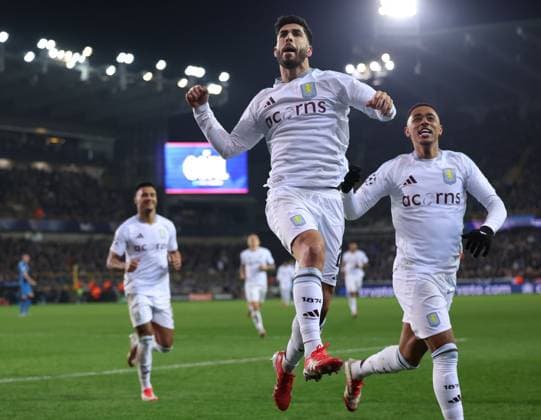 Brugge, Belgium, 4th March 2025. Marco Asensio of Aston Villa celebrates after scoring to make it 3-1 during the UEFA Champions League match Club Brugge vs Aston Villa at Jan Breydel Stadium, Brugge. Picture credit should read: Paul Terry Sportimage EDITORIAL USE ONLY. No use with unauthorised audio, video, data, fixture lists, club league logos or live services. Online in-match use limited to 120 images, no video emulation. No use in betting, games or single club league player publications. SPI_032_PT_Brugge_Aston_Villa SPI-3725-0027