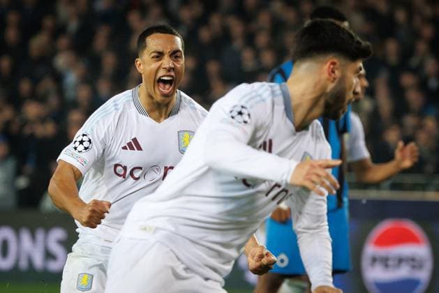 Aston Villa s Marco Asensio celebrates after scoring during a soccer game between Belgian Club Brugge KV and English Aston Villa FC, Tuesday 04 March 2025 in Brugge, the first leg of the 1 8 finals of the UEFA Champions League knockout phase. KURTxDESPLENTER  x114231250x