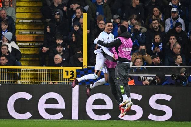 Club Brugge v Aston Villa - UEFA Champions League BRUGGE, BELGIUM - MARCH 04 : Players of Aston Villa celebrates an aown-goal from Mechele Brandon defender of Club Brugge during the UEFA Champions League 2024 25 round of 16 match first round between Club Brugge and Aston Villa on March 4, 2025 in Brugge, Belgium, 04 03 2025 Brugge Belgium  Copyright: xTomasxSiskx
