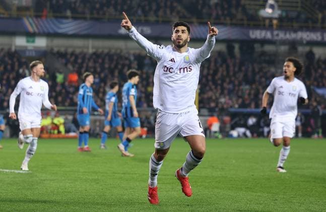 Brugge, Belgium, 4th March 2025. Marco Asensio of Aston Villa celebrates after scoring to make it 3-1 during the UEFA Champions League match Club Brugge vs Aston Villa at Jan Breydel Stadium, Brugge. Picture credit should read: Paul Terry Sportimage EDITORIAL USE ONLY. No use with unauthorised audio, video, data, fixture lists, club league logos or live services. Online in-match use limited to 120 images, no video emulation. No use in betting, games or single club league player publications. SPI_038_PT_Brugge_Aston_Villa SPI-3725-0033