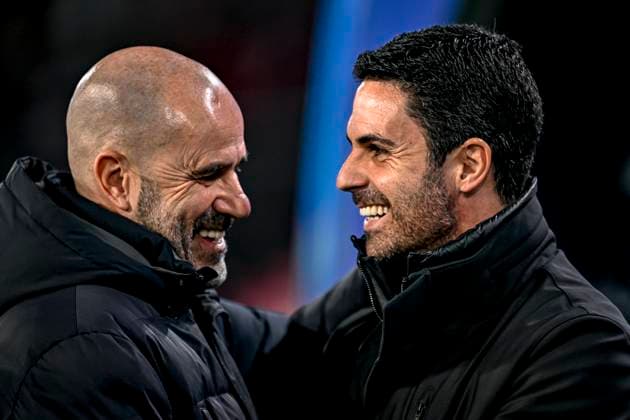 PSV trainer Peter Bosz, Arsenal trainer Mikel Arteta, during the match PSV Arsenal at the Philips stadium for the UEFA Champions League Round of 16 1st leg season 2024 2025 in EINDHOVEN, Netherlands on 4 march 2025, photo by Stefan Koops EYE4images DeFodi Images