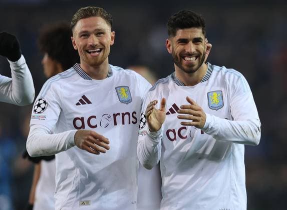 Brugge, Belgium, 4th March 2025. Matty Cash (L) and Marco Asensio of Aston Villa celebrate after the UEFA Champions League match Club Brugge vs Aston Villa at Jan Breydel Stadium, Brugge. Picture credit should read: Paul Terry Sportimage EDITORIAL USE ONLY. No use with unauthorised audio, video, data, fixture lists, club league logos or live services. Online in-match use limited to 120 images, no video emulation. No use in betting, games or single club league player publications. SPI_044_PT_Brugge_Aston_Villa SPI-3725-0039
