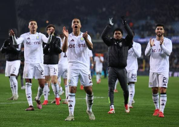 Brugge, Belgium, 4th March 2025. Youri Tielemans of Aston Villa leads player celebrates after the UEFA Champions League match Club Brugge vs Aston Villa at Jan Breydel Stadium, Brugge. Picture credit should read: Paul Terry Sportimage EDITORIAL USE ONLY. No use with unauthorised audio, video, data, fixture lists, club league logos or live services. Online in-match use limited to 120 images, no video emulation. No use in betting, games or single club league player publications. SPI_048_PT_Brugge_Aston_Villa SPI-3725-0043