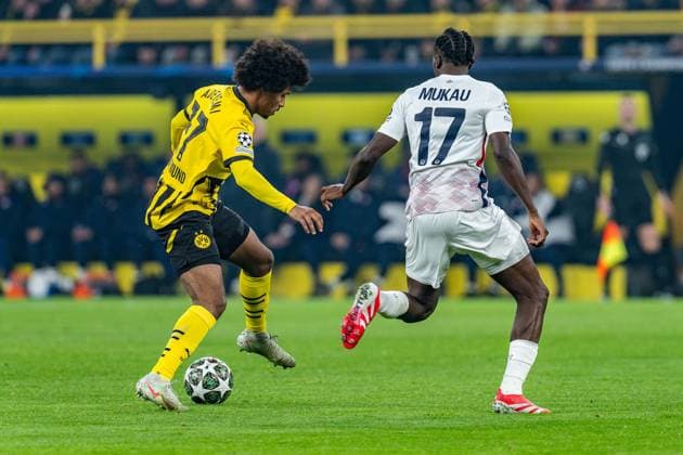 04 03 2025, Borussia Dortmund vs OSC Lille, UEFA Champions League, round of 16 first leg Karim Adeyemi Borussia Dortmund, 27 Ngalayel Mukau OSC Lille, 17 Copyright: xBahhoxKarax