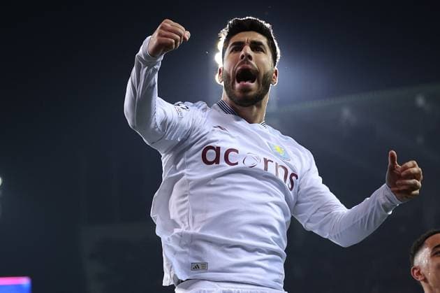 Brugge, Belgium, 4th March 2025. Marco Asensio of Aston Villa celebrates after scoring to make it 3-1 during the UEFA Champions League match Club Brugge vs Aston Villa at Jan Breydel Stadium, Brugge. Picture credit should read: Paul Terry Sportimage EDITORIAL USE ONLY. No use with unauthorised audio, video, data, fixture lists, club league logos or live services. Online in-match use limited to 120 images, no video emulation. No use in betting, games or single club league player publications. SPI_052_PT_Brugge_Aston_Villa SPI-3725-0047